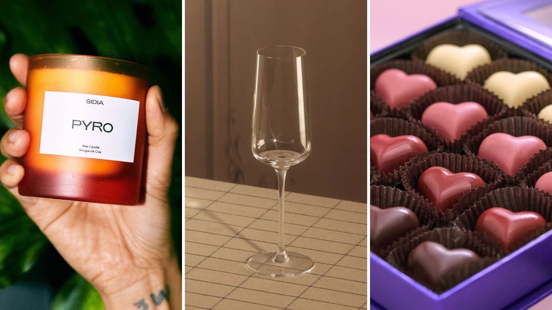 A SIDIA candle, Fable wine glass, and Purdys chocolates.