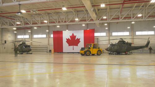 Six CH-146 Griffons from the 408 Tactical Helicopter Squadron of the Royal Canadian Air Force fly from Edmonton to Fort Wainwright, Alaska, on Jan. 26, 2026. (Evan Klippenstein/CTV News Edmonton)