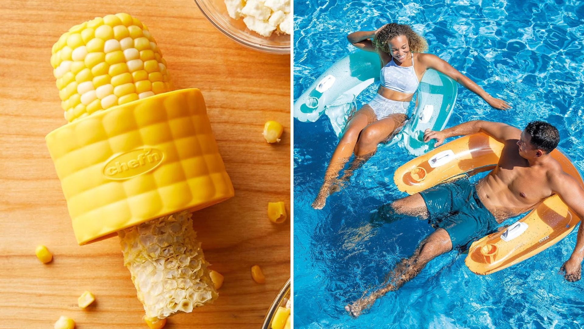 A corn stripper from Chef'n and two people using Intex floaties in a pool.