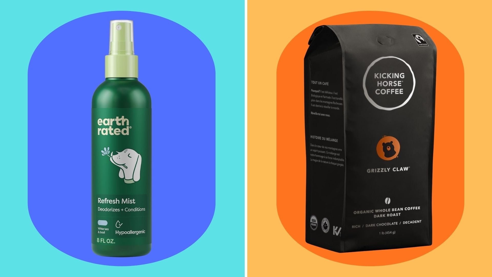 Earth Rated dog refresh spray and Kicking Horse Coffee.