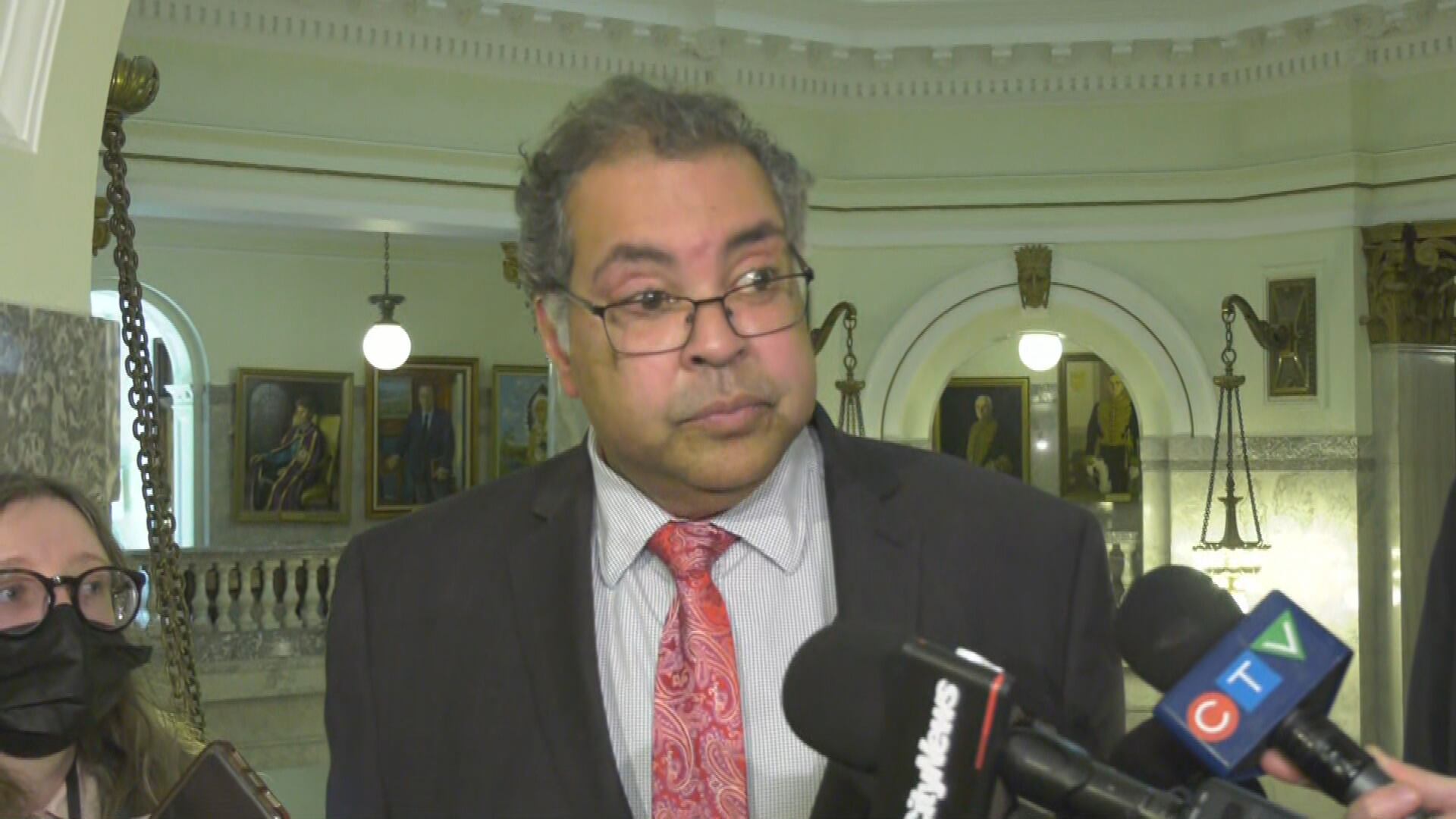 Alberta NDP Leader Naheed Nenshi speaks to media at the Alberta legislature on April 9, 2025. (Sean McClune/CTV News Edmonton)