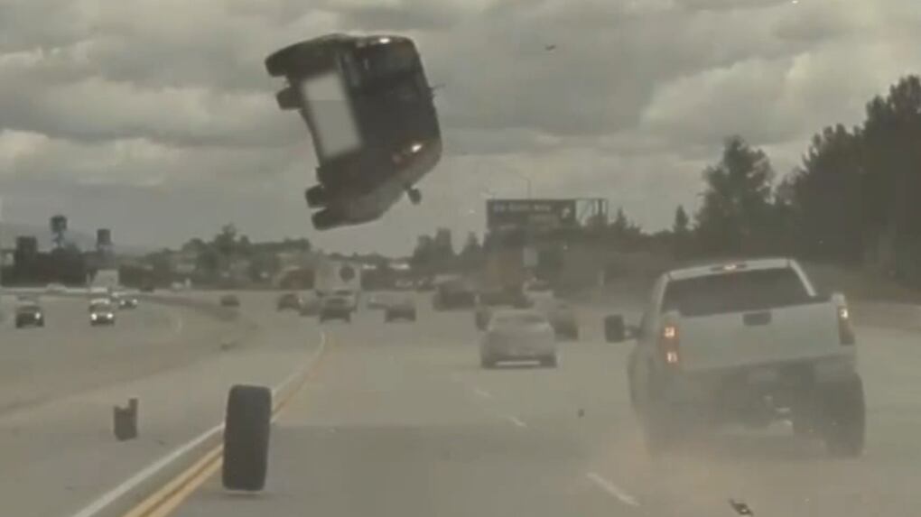 Dash cam captures dramatic moment loose tire sends car flying in air on ...