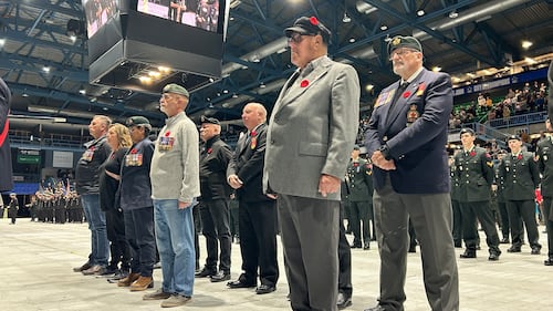 Greater Saint John veterans stand as part of the TD Station Remembrance Day Ceremony in Saint John, N.B. on Tuesday, Nov. 11, 2025. (CTV Atlantic/ Avery MacRae)