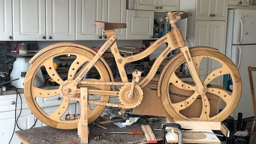Anton Koch is creating a full-sized, rideable bicycle made of wood
