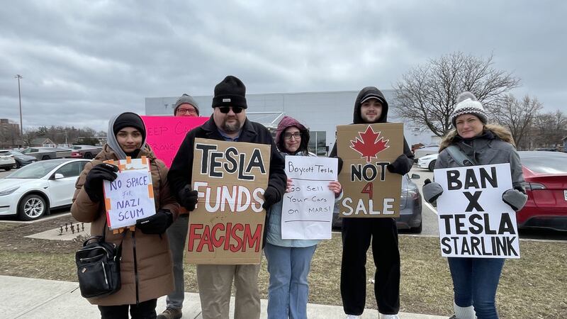 Residents in Kitchener join ‘Tesla Takedown’ protests against Musk, Trump
