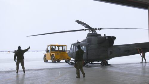 Six CH-146 Griffons from the 408 Tactical Helicopter Squadron of the Royal Canadian Air Force fly from Edmonton to Fort Wainwright, Alaska, on Jan. 26, 2026. (Evan Klippenstein/CTV News Edmonton)