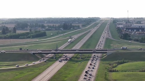 Westbound Highway 16 at Highway 60 was closed the morning of a May 28, 2026, due to a crash involving a piece of construction equipment. (Sean McClune / CTV News Edmonton)