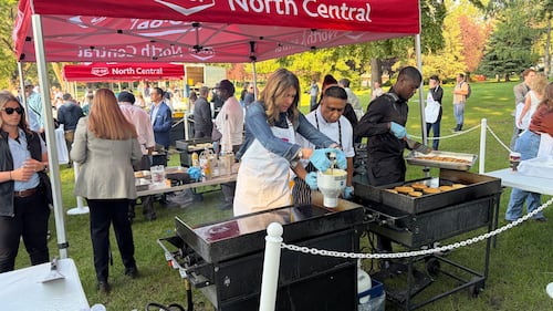 Alberta Premier Danielle Smith cooks pancakes at the Kdays breakfast at the legislature on July 16, 2026. (Sean McClune / CTV News Edmonton)