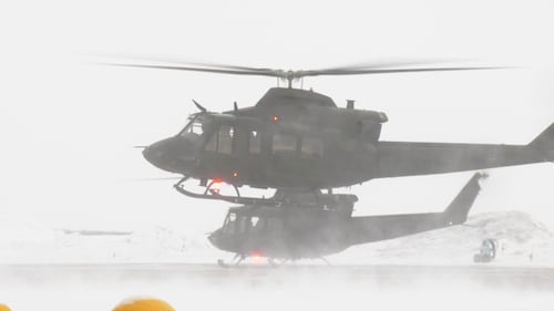 Six CH-146 Griffons from the 408 Tactical Helicopter Squadron of the Royal Canadian Air Force fly from Edmonton to Fort Wainwright, Alaska, on Jan. 26, 2026. (Evan Klippenstein/CTV News Edmonton)