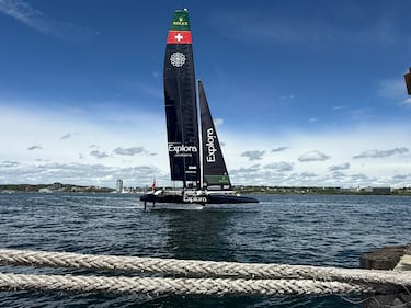 A SailGP boat is pictured in the Halifax Harbour on June 21, 2026. (Callum Smith/CTV News)