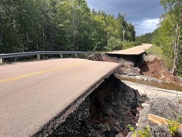 A washout on the road between St. Peter's and Dundee in Cape Breton following severe flooding. (CTV/Ryan MacDonald)