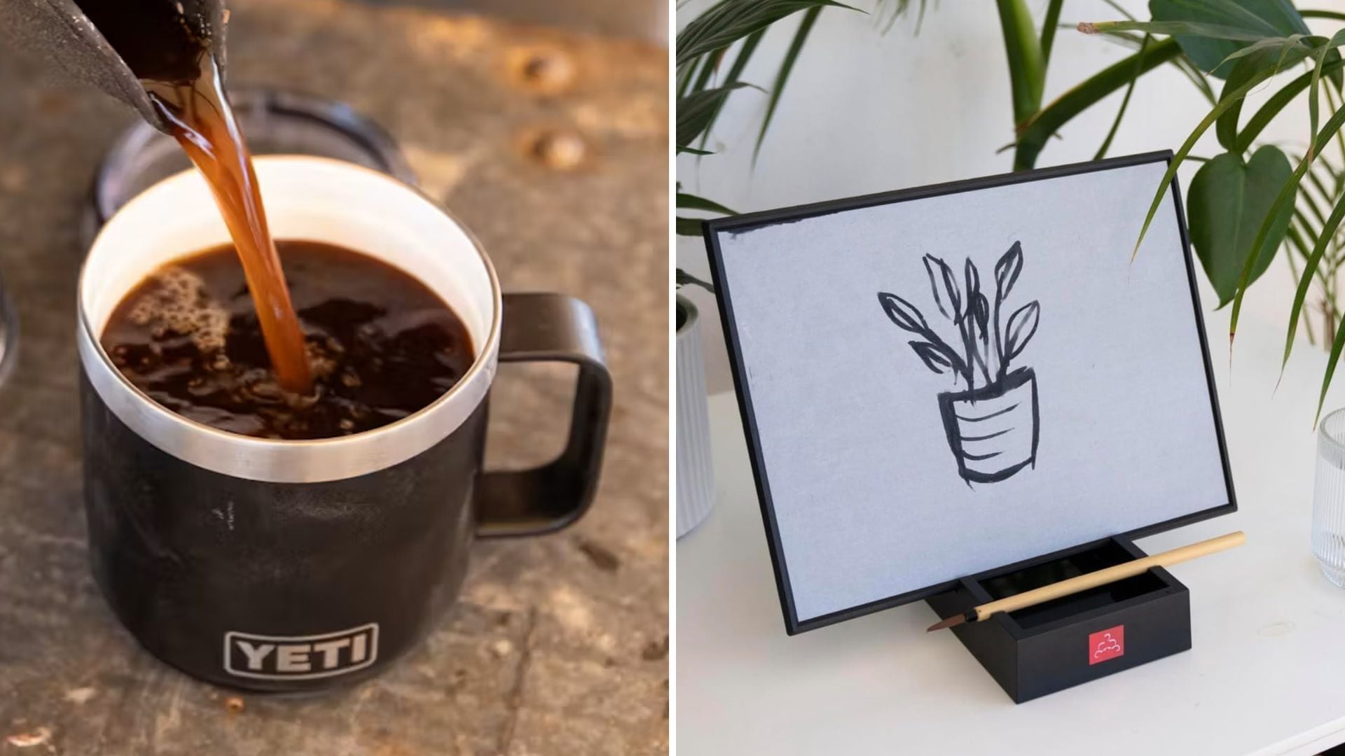 a split image of coffee pouring into a travel mug and a plant painted on a Buddha board