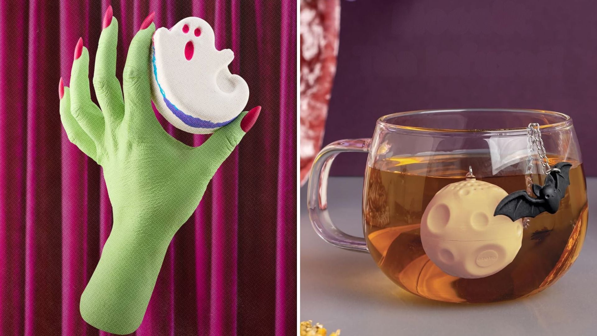 A LUSH ghost-shaped bath bomb and a OTOTO tea strainer with a moon and bat.