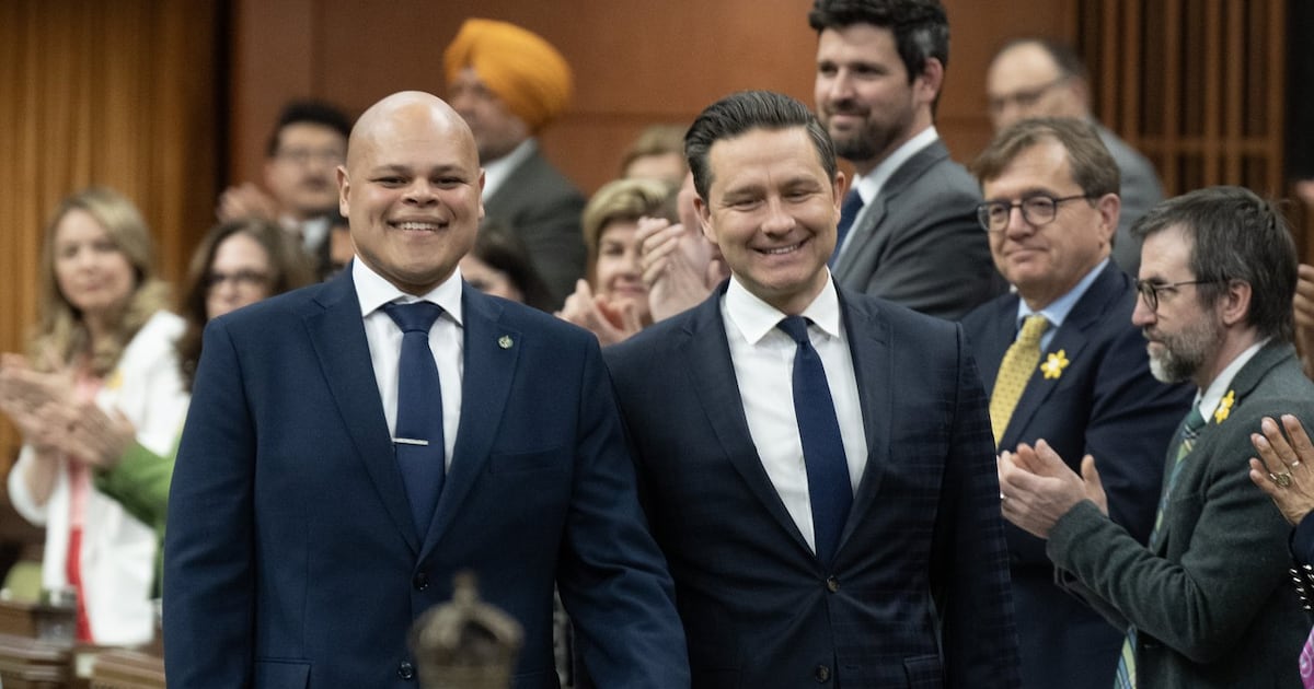 Photo: ctvnews.ca Leader of the Conservative Party Pierre Poilievre walks with new member of Parliament for Durham Jamil Jivani as he takes