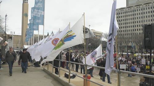 First Nations groups held a rally at Edmonton's Churchill Square on April 8, 2026 to speak out against a potential separation referendum. (Brandon Lynch/CTV News Edmonton)