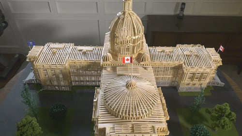 Esmond Warren's miniature model of the Alberta legislature, which he built out of wood slivers over two winters, is seen on April 14, 2026. (Evan Klippenstein / CTV News Edmonton)