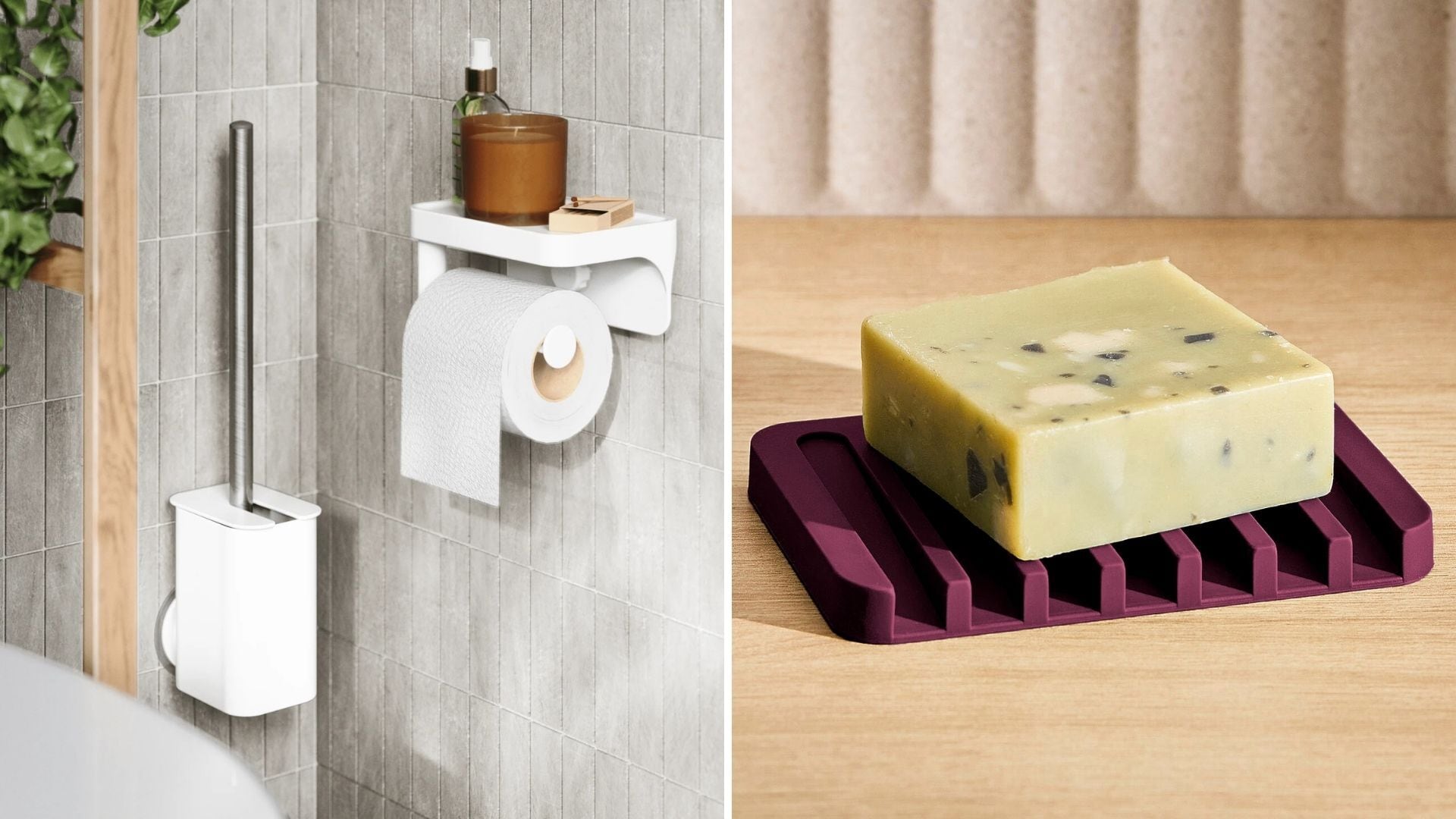 a split image of a toilet brush on a wall and a bar of soap on a dish