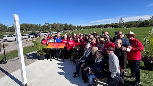Windsor, Detroit Rotarians unveil matching peace poles near Gordie Howe Bridge