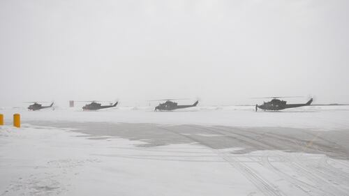 Six CH-146 Griffons from the 408 Tactical Helicopter Squadron of the Royal Canadian Air Force fly from Edmonton to Fort Wainwright, Alaska, on Jan. 26, 2026. (Evan Klippenstein/CTV News Edmonton)