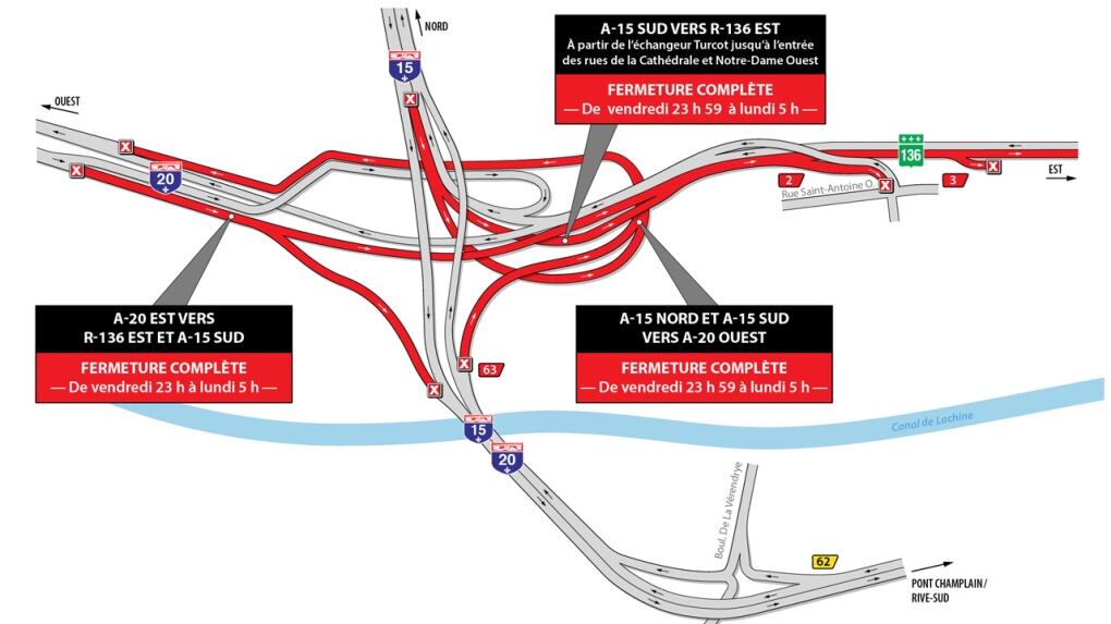 Turcot Interchange Map Road and bridge closures in greater Montreal for weekend of May 3