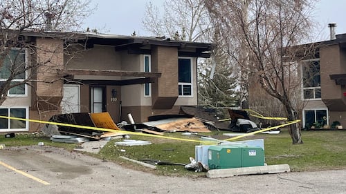 Part of a roof was blown off a residence on Rundlewood Lane N.E. on Friday, April 24, 2026.