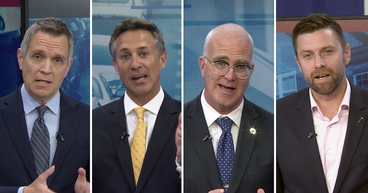 Ottawa mayoral candidates Mark Sutcliffe, Neil Saravanamuttoo, Jeff Leiper and Alex Lawson at the CTV News Ottawa debate on October 14, 2026