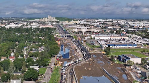 Water sits near Yellowhead Trail and 121 Stgreet in Edmonton after an early morning storm on July 15, 2026. (Sean McClune / CTV News Edmonton)