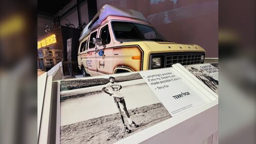 A photo of Terry Fox is pictured next to a 1980s van.