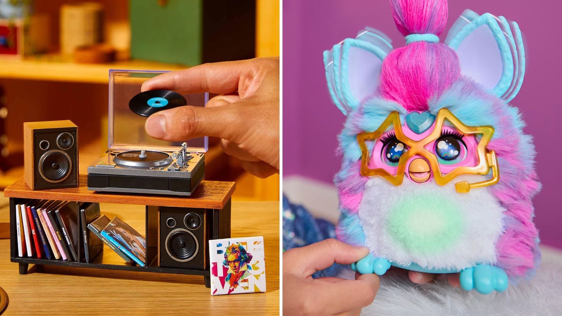 a split image of a mini record player and a Furby