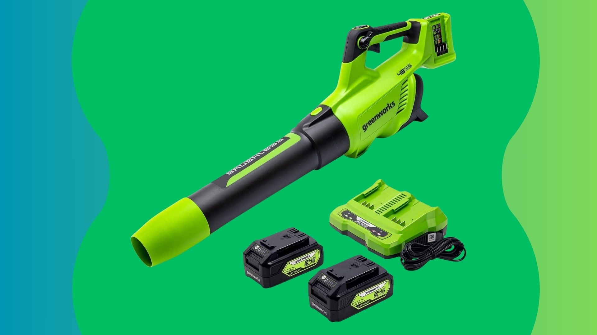 A Greenworks leaf blower on a green gradient background.