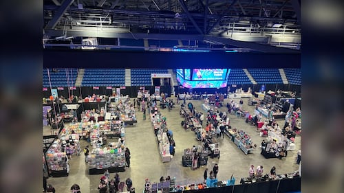The floor of Sydney Centre 200 is pictured covered with CaperCon exhibits and participants during the convention in Sydney, N.S., on May 31, 2026. (Ryan MacDonald/CTV Atlantic)