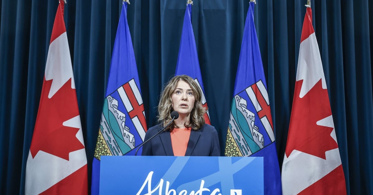 Alberta Premier Danielle Smith provides an update on teacher bargaining in Calgary, on Friday, Oct. 17, 2025. THE CANADIAN PRESS/Jeff McIntosh