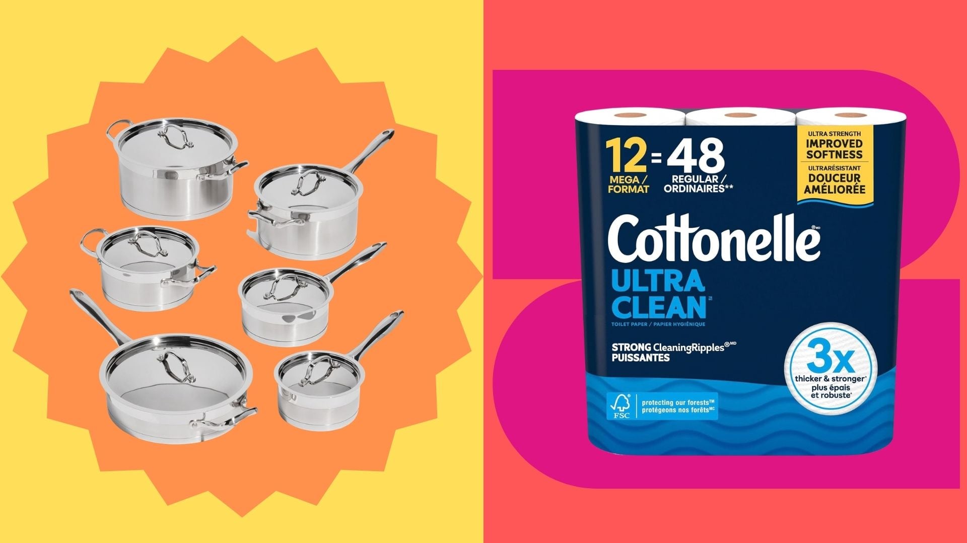 a cookware set and a pack of toilet paper with a bright and colourful background