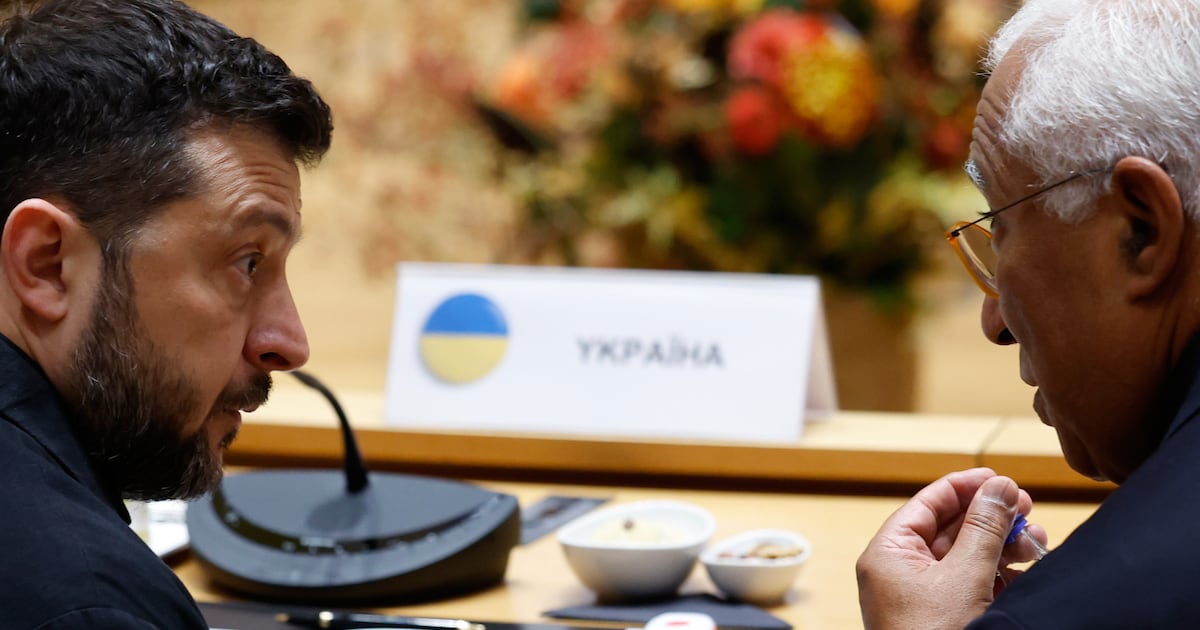 European Council President Antonio Costa, right, speaks with Ukraine's President Volodymyr Zelenskyy during a round table meeting at the EU summit in Brussels, Friday, Oct. 16, 2026. (AP Photo/Geert Vanden Wijngaert)