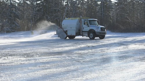 Water trucks flood the surfaces at Sir Wilfrid Laurier Park in Edmonton, Alta. on Nov. 28, 2025. (Sean McClune/CTV News Edmonton)