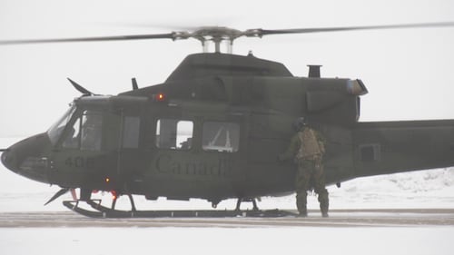 Six CH-146 Griffons from the 408 Tactical Helicopter Squadron of the Royal Canadian Air Force fly from Edmonton to Fort Wainwright, Alaska, on Jan. 26, 2026. (Evan Klippenstein/CTV News Edmonton)