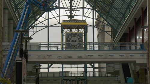 The Portage Place clock tower is seen on Oct. 16, 2025. (Danton Unger/CTV News Winnipeg)