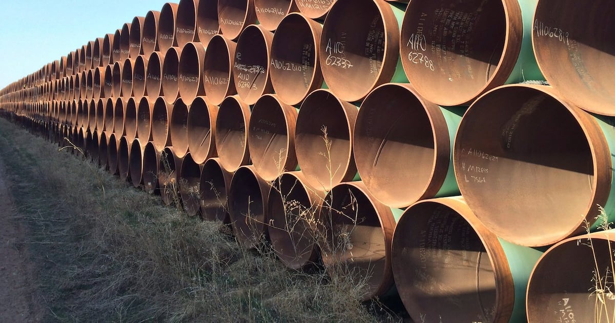 Pipes meant for the defunct Keystone XL project are shown stacked at a yard in Gascoyne, N.D., on Wednesday April 22, 2015. THE CANADIAN PRESS/Alex Panetta