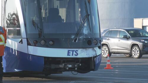 The windshield of an Edmonton LRT train appears damaged after a crash with a semi-truck on Nov. 26, 2025. (Evan Klippenstein/CTV News Edmonton)