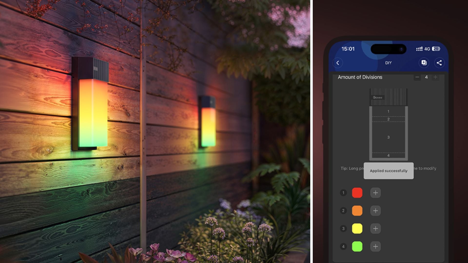 Smart Wall Sconces from Govee and a phone showing their settings.
