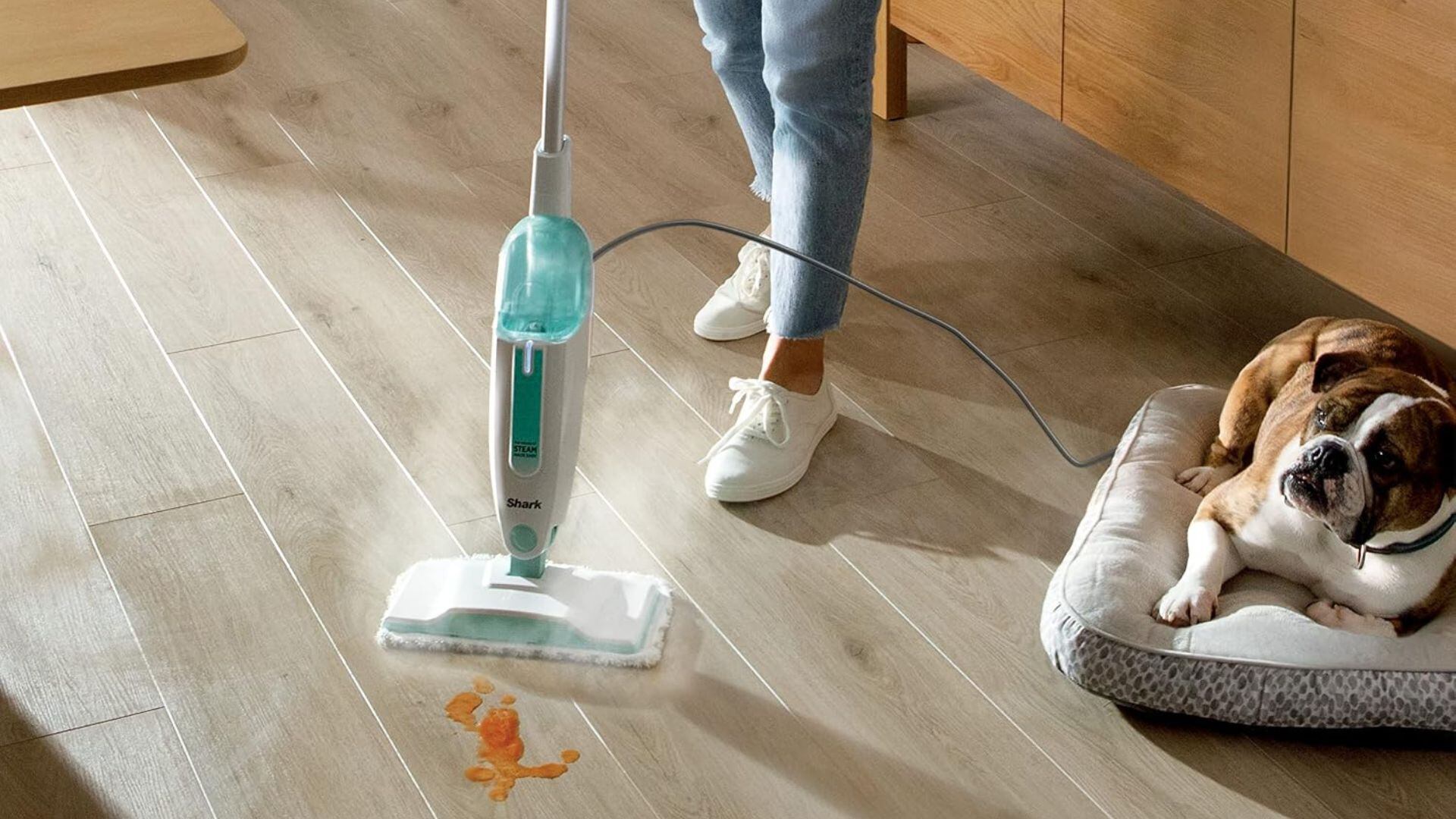 A person using a Shark Steam Mop on a hardwood floor while a dog lies in its dog bed.
