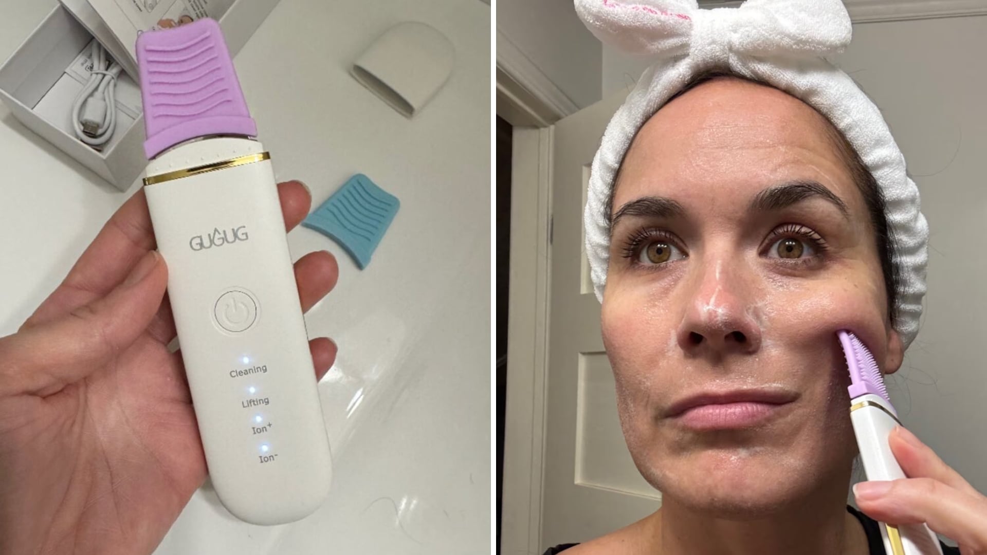 Valérie Sardin holding and testing the exfoliant tool with a silicone cover