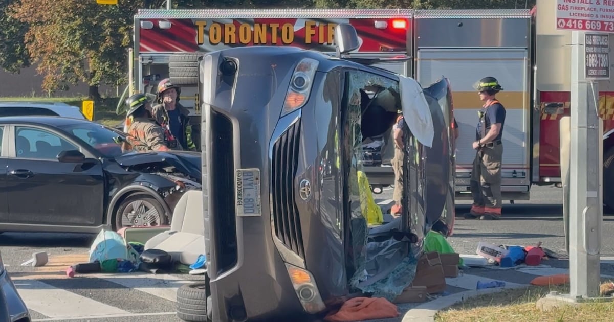 7 people in hospital after vehicle flips over during collision in North York