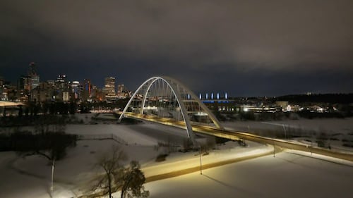 Your Morning Edmonton's CTV Drone flies over downtown on Feb. 25, 2026. (Sean McClune/CTV News Edmonton)