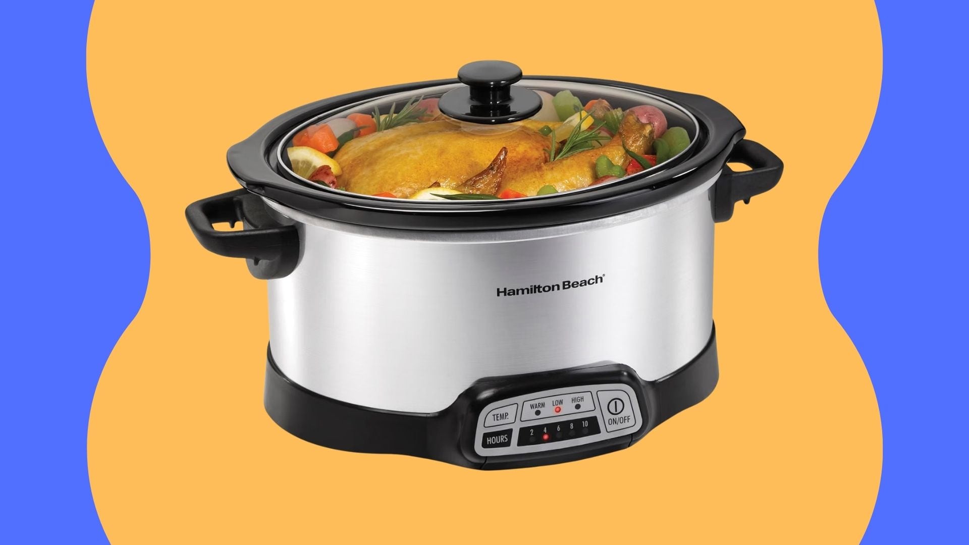 A Hamilton Beach slow cooker on a blue and orange background.