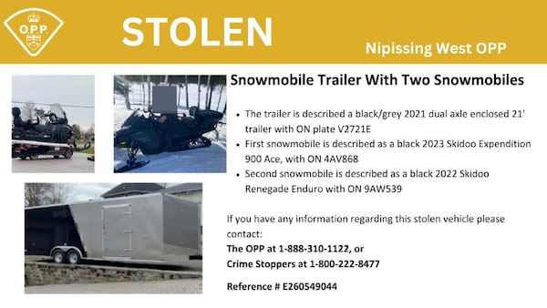 Trailer, 2 snowmobiles stolen north of Sudbury
