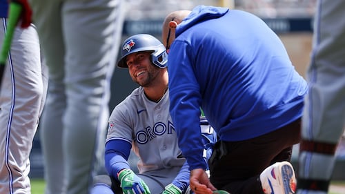 George Springer leaves Blue Jays game after being hit by pitch again on left foot