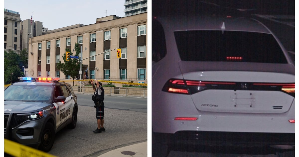 Photo: CTV News On the left, police work the scene of an early morning shooting outside the U.S. Consulate in Toronto, on Monday, July 27