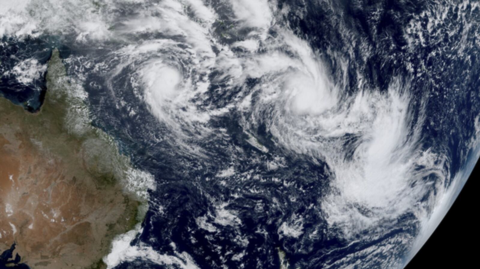 Cyclone In Action Three tropical cyclones swirling in South Pacific