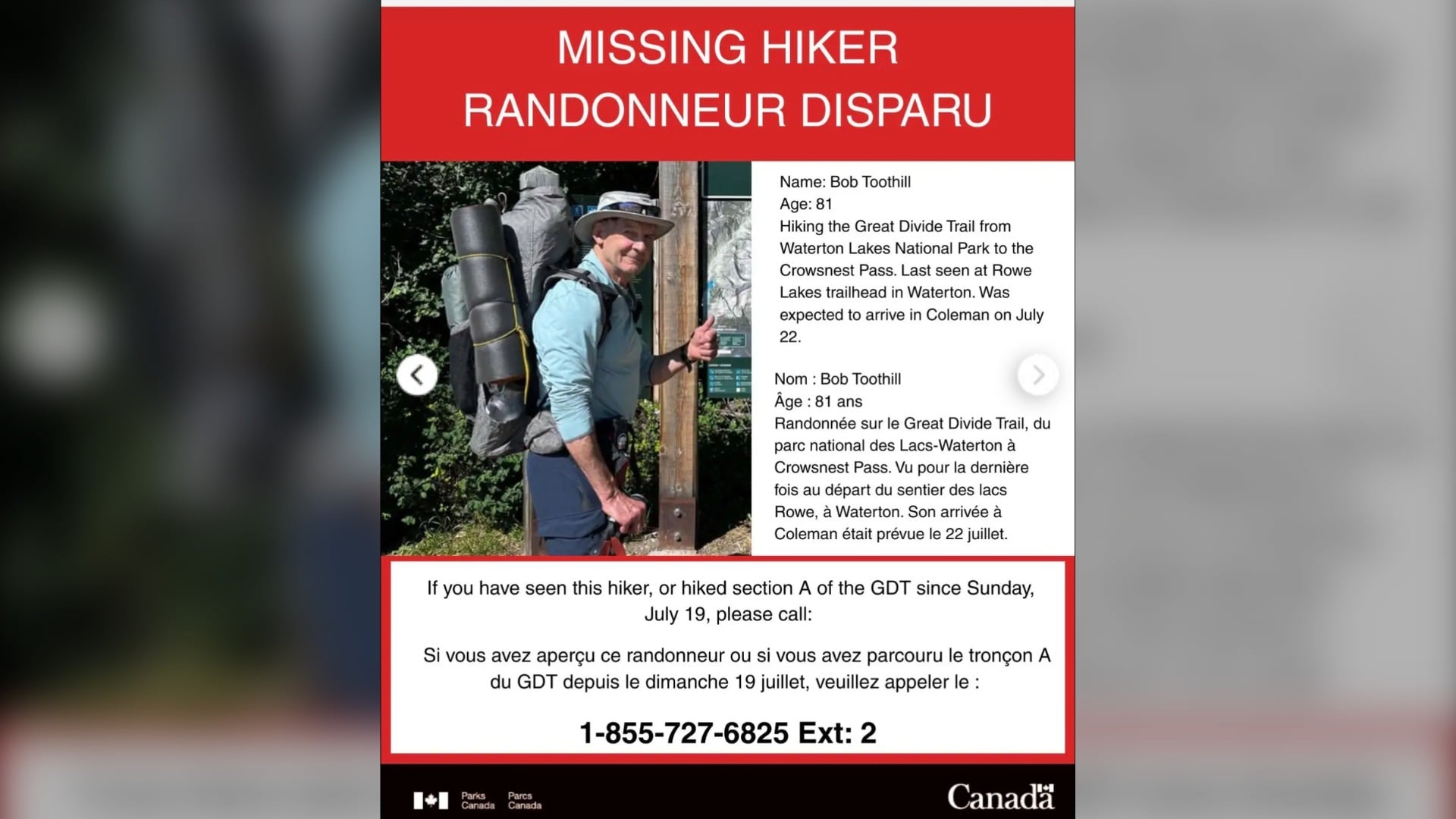 Investigation underway into search for missing 81-year-old hiker on Great Divide Trail in Waterton Lakes National Park